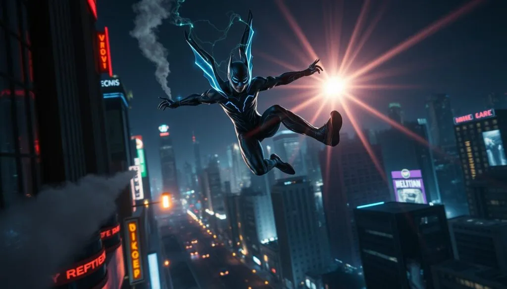 A nighttime cityscape with Nightwing, the acrobatic superhero, leaping through the air. The scene is lit by the glow of neon signs and streetlights, casting a moody, cyberpunk atmosphere. Nightwing's suit gleams in the low light, the deep blue and black colors complemented by subtle bioluminescent accents that trace the lines of his costume. Wisps of smoke and digital glitches swirl around him, creating a sense of dynamic movement and technological interference. The background is a sprawling metropolis, with towering skyscrapers and flying vehicles in the distance. An intense, cinematic lens flare illuminates the foreground, heightening the drama and visual impact. The overall composition conveys a balance of action, atmosphere, and futuristic style.