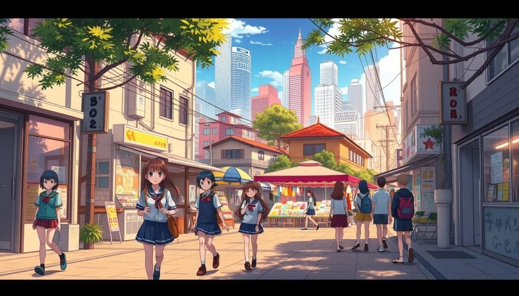 A peaceful urban street in a vibrant anime-inspired world, with characters engaging in mundane daily activities. In the foreground, a group of high school students casually stroll by, their vibrant uniforms and expressive faces conveying a sense of youthful energy. In the middle ground, a bustling open-air market comes to life, vendors offering an array of colorful wares beneath the warm glow of the sun. In the background, a blend of traditional Japanese architecture and modern skyscrapers creates a captivating cityscape, infused with a soft, dreamlike atmosphere. The scene is bathed in a warm, gentle lighting, casting long shadows and imbuing the entire composition with a sense of tranquility and a touch of whimsy. A peaceful urban street in a vibrant anime-inspired world, with characters engaging in mundane daily activities. In the foreground, a group of high school students casually stroll by, their vibrant uniforms and expressive faces conveying a sense of youthful energy. In the middle ground, a bustling open-air market comes to life, vendors offering an array of colorful wares beneath the warm glow of the sun. In the background, a blend of traditional Japanese architecture and modern skyscrapers creates a captivating cityscape, infused with a soft, dreamlike atmosphere. The scene is bathed in a warm, gentle lighting, casting long shadows and imbuing the entire composition with a sense of tranquility and a touch of whimsy.