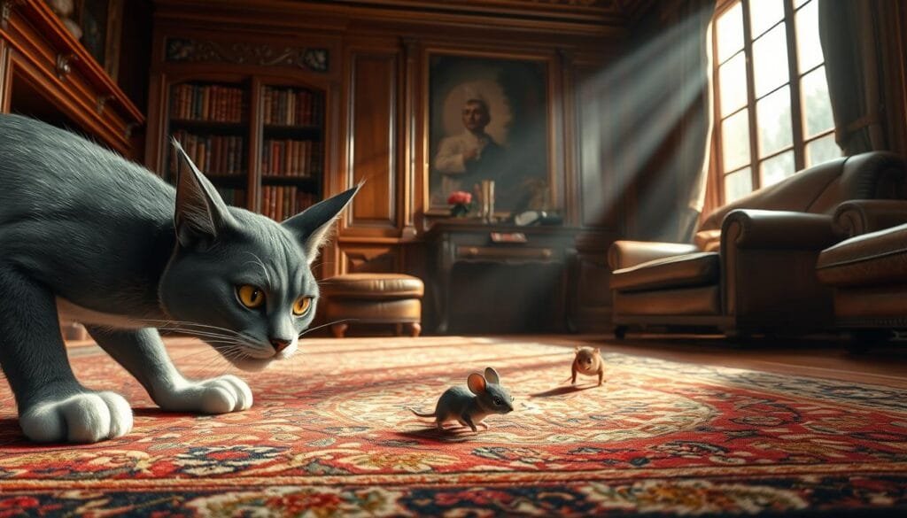 A photo-realistic scene of Tom the cat and Jerry the mouse in a lifelike environment. Tom is crouched down in the foreground, his fur meticulously detailed, eyes narrowed with intense focus as he stalks his prey. Jerry scurries in the middle ground, his tiny limbs a blur of motion, seeking refuge among the intricate folds and textures of an antique Persian rug. The background is a richly appointed Victorian-era study, heavy mahogany furniture and leather-bound books casting warm, soft lighting across the scene. Rays of sunlight stream through a large window, the dust motes dancing in the air, heightening the sense of realism. The overall mood is one of high-stakes tension, as the classic cat-and-mouse dynamic plays out in a stunningly lifelike rendering.