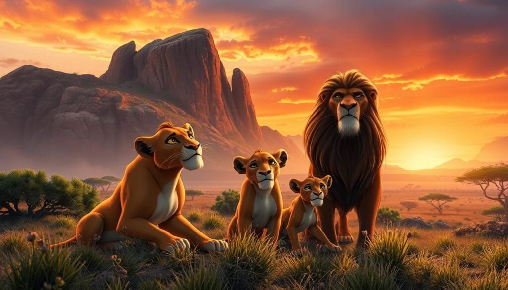 A photorealistic digital painting of the iconic characters from &amp;amp;amp;quot;The Lion King&amp;amp;amp;quot; franchise, rendered in a hyper-realistic, photographic style using advanced artificial intelligence. The scene depicts the classic savanna landscape of the Pride Lands, with lush, detailed vegetation, dramatic lighting, and a vivid color palette. In the foreground, Simba, Nala, Mufasa, and Scar are captured in a powerful, contemplative pose, their expressions and body language conveying a sense of intelligence, wisdom, and the mythic grandeur of the original animated film. The midground features the majestic, iconic rock formations of Pride Rock, while the background showcases a breathtaking, awe-inspiring African sunset sky. The overall mood is one of reverence, wonder, and a seamless blend of the original animated aesthetic with cutting-edge photorealistic AI rendering.
