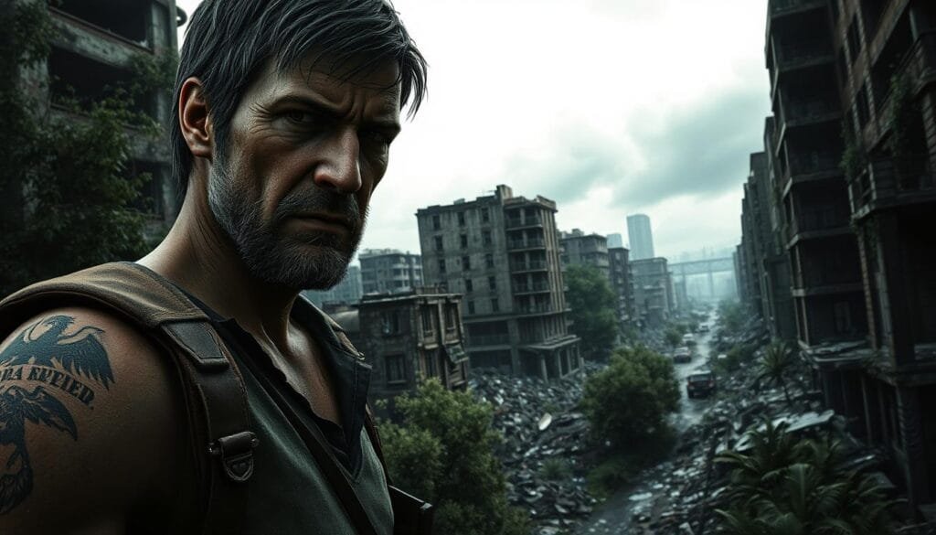 A photorealistic, high-definition scene depicting the gritty, post-apocalyptic world of The Last of Us. In the foreground, a weathered and battle-hardened Joel stands amid the ruins of a crumbling city, his face etched with the weight of his harrowing experiences. The middle ground showcases the dilapidated urban landscape, with overgrown vegetation reclaiming the abandoned buildings and rubble-strewn streets. In the background, a somber, overcast sky sets the tone, casting long shadows and a sense of melancholy over the desolate scene. The lighting is harsh and dramatic, creating deep contrasts and emphasizing the sense of decay and danger that permeates this world. The overall atmosphere is one of gritty realism, capturing the grim, unforgiving nature of the post-pandemic setting of The Last of Us.
