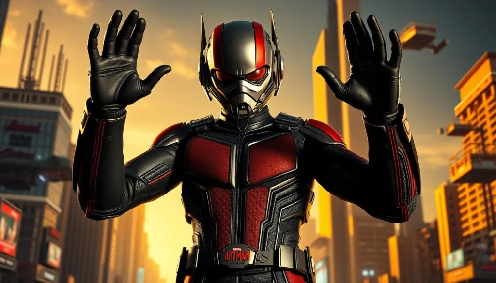 A photorealistic, high-quality image of a heroic Ant-Man figure in a dynamic, cinematic pose. Ant-Man is standing with a determined expression, his hands raised in front of him, ready to unleash his shrinking abilities. The scene is set in a detailed, futuristic city landscape, with skyscrapers and hovering vehicles in the background. Warm, directional lighting casts dramatic shadows, highlighting the intricate details of Ant-Man's suit and the surrounding environment. The composition is balanced, with a sense of depth and scale, conveying the power and capabilities of the Ant-Man character. A photorealistic, high-quality image of a heroic Ant-Man figure in a dynamic, cinematic pose. Ant-Man is standing with a determined expression, his hands raised in front of him, ready to unleash his shrinking abilities. The scene is set in a detailed, futuristic city landscape, with skyscrapers and hovering vehicles in the background. Warm, directional lighting casts dramatic shadows, highlighting the intricate details of Ant-Man's suit and the surrounding environment. The composition is balanced, with a sense of depth and scale, conveying the power and capabilities of the Ant-Man character.