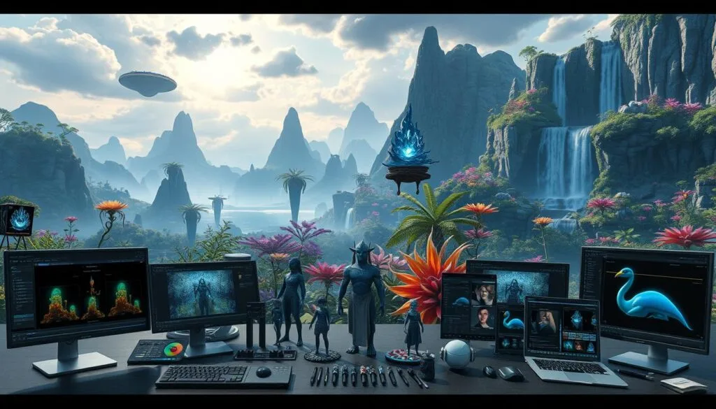 A photorealistic, highly detailed image of a collection of AI art generation tools and software suitable for creating artwork inspired by the world of Avatar: The Way of Water. The foreground features a selection of AI model interfaces, digital art brushes, and adjustment sliders. In the middle ground, there are 3D character models, rigging tools, and animation interfaces. The background showcases a lush, vibrant landscape with floating mountains, bioluminescent flora, and majestic waterfalls, all rendered in the distinct visual style of the Avatar universe. The image conveys a sense of creativity, technological sophistication, and immersion in the fantastical world of Pandora.