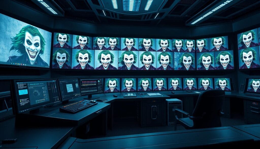 A photorealistic, highly detailed image of "generadores de imágenes con IA" that would fit the section title "El poder de la IA para crear imágenes del Joker (300 palabras)". The image should depict a futuristic, sleek control room filled with various AI-powered image generation devices. In the foreground, a powerful-looking workstation with multiple displays, knobs, and sliders that allow for fine-tuning image parameters. Behind it, a wall-mounted array of smaller screens showcasing different Joker character portraits, each with a unique style and expression. The lighting should be dramatic, with a cool, high-tech tone illuminating the scene. The camera angle should be slightly elevated, giving the viewer a sense of authority and control over the AI-driven image creation process. The overall mood should convey the power and versatility of these advanced image generation tools. A photorealistic, highly detailed image of "generadores de imágenes con IA" that would fit the section title "El poder de la IA para crear imágenes del Joker (300 palabras)". The image should depict a futuristic, sleek control room filled with various AI-powered image generation devices. In the foreground, a powerful-looking workstation with multiple displays, knobs, and sliders that allow for fine-tuning image parameters. Behind it, a wall-mounted array of smaller screens showcasing different Joker character portraits, each with a unique style and expression. The lighting should be dramatic, with a cool, high-tech tone illuminating the scene. The camera angle should be slightly elevated, giving the viewer a sense of authority and control over the AI-driven image creation process. The overall mood should convey the power and versatility of these advanced image generation tools.
