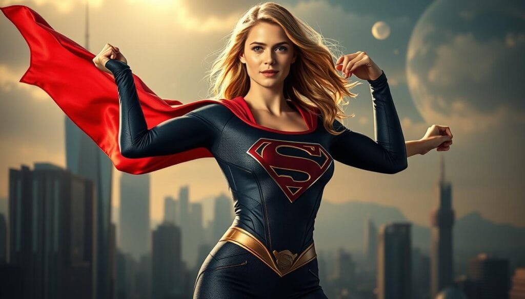 A photorealistic portrait of Supergirl in a heroic pose, radiating power and determination. She stands tall, her cape flowing dramatically behind her, with a confident gaze and a hint of a smile on her face. The lighting is dramatic, with warm tones illuminating her features and casting dynamic shadows. The background is a blend of futuristic city skylines and cosmic elements, hinting at her otherworldly origins. The overall scene conveys a sense of strength, hope, and the transformative power of AI-generated visuals.