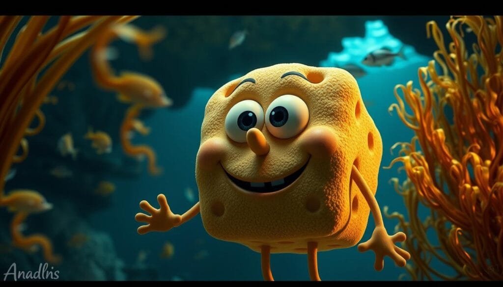 A photorealistic portrait of the animated character Bob Esponja, depicted as a realistic underwater creature with a spongy, porous body, large expressive eyes, and a warm, friendly expression. The character is set against a detailed, dimly lit underwater environment with schools of tropical fish, swaying seaweed, and a sense of tranquility and depth. The lighting is natural, with soft, diffuse illumination creating subtle shadows and highlights that enhance the realism. The camera angle is slightly low, creating a sense of awe and scale, as if the viewer is gazing up at this larger-than-life anthropomorphic sponge.