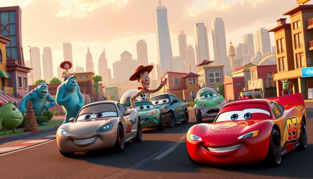 A photorealistic scene of a crossover between the Cars universe and other Pixar worlds. In the foreground, Lightning McQueen and Mater from Cars engage in a friendly race alongside Buzz Lightyear's spaceship from Toy Story, weaving through colorful buildings and landscapes inspired by Monsters, Inc. and A Bug's Life. In the middle ground, Sulley and Mike from Monsters, Inc. cheer on the cars, while Woody and Jessie from Toy Story wave enthusiastically. The background features towering skyscrapers from the city of Metroville in The Incredibles, with the iconic Luxo Jr. lamp from the Pixar logo peeking out from behind. The scene is bathed in warm, golden lighting, creating a vibrant, imaginative, and whimsical atmosphere.