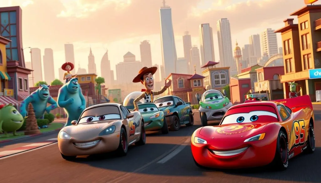 A photorealistic scene of a crossover between the Cars universe and other Pixar worlds. In the foreground, Lightning McQueen and Mater from Cars engage in a friendly race alongside Buzz Lightyear's spaceship from Toy Story, weaving through colorful buildings and landscapes inspired by Monsters, Inc. and A Bug's Life. In the middle ground, Sulley and Mike from Monsters, Inc. cheer on the cars, while Woody and Jessie from Toy Story wave enthusiastically. The background features towering skyscrapers from the city of Metroville in The Incredibles, with the iconic Luxo Jr. lamp from the Pixar logo peeking out from behind. The scene is bathed in warm, golden lighting, creating a vibrant, imaginative, and whimsical atmosphere. A photorealistic scene of a crossover between the Cars universe and other Pixar worlds. In the foreground, Lightning McQueen and Mater from Cars engage in a friendly race alongside Buzz Lightyear's spaceship from Toy Story, weaving through colorful buildings and landscapes inspired by Monsters, Inc. and A Bug's Life. In the middle ground, Sulley and Mike from Monsters, Inc. cheer on the cars, while Woody and Jessie from Toy Story wave enthusiastically. The background features towering skyscrapers from the city of Metroville in The Incredibles, with the iconic Luxo Jr. lamp from the Pixar logo peeking out from behind. The scene is bathed in warm, golden lighting, creating a vibrant, imaginative, and whimsical atmosphere.
