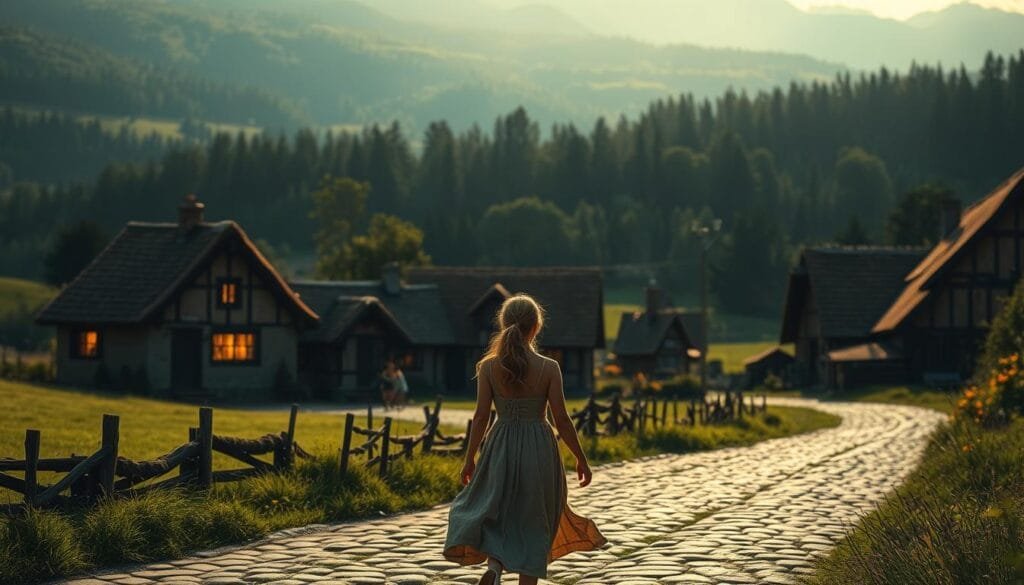 A picturesque rural village nestled in a lush, rolling landscape. In the foreground, Bella strolls down a cobbled street, her simple peasant dress flowing as she takes in the charming sights around her. The middle ground features quaint cottages with thatched roofs, their windows aglow with a warm, golden light. In the background, a sprawling forest casts long shadows, hinting at the mysterious world beyond the village. The scene is bathed in a soft, diffused light, creating a serene and peaceful atmosphere. A sense of quiet contemplation and wonder permeates the image, as if Bella is finding solace and inspiration in the bucolic setting.