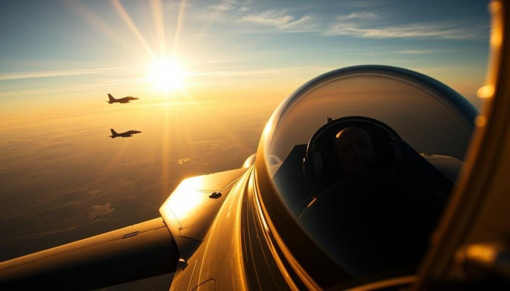 A poignant aerial scene in the golden hour, the sun casting a warm glow over a lone F-18 Hornet soaring through the sky. The cockpit canopy reflects the pilot's intense focus, their face etched with determination as they navigate the treacherous terrain below. In the distance, a shadowy silhouette of another aircraft, hinting at the impending confrontation. The composition evokes a sense of dread and anticipation, the high-stakes drama of a Top Gun: Maverick moment. A poignant aerial scene in the golden hour, the sun casting a warm glow over a lone F-18 Hornet soaring through the sky. The cockpit canopy reflects the pilot's intense focus, their face etched with determination as they navigate the treacherous terrain below. In the distance, a shadowy silhouette of another aircraft, hinting at the impending confrontation. The composition evokes a sense of dread and anticipation, the high-stakes drama of a Top Gun: Maverick moment.