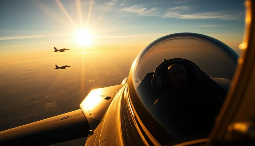 A poignant aerial scene in the golden hour, the sun casting a warm glow over a lone F-18 Hornet soaring through the sky. The cockpit canopy reflects the pilot's intense focus, their face etched with determination as they navigate the treacherous terrain below. In the distance, a shadowy silhouette of another aircraft, hinting at the impending confrontation. The composition evokes a sense of dread and anticipation, the high-stakes drama of a Top Gun: Maverick moment.
