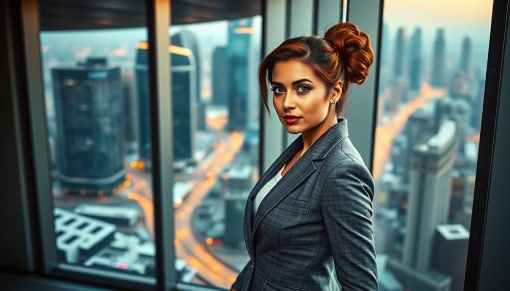 A poised and ambitious young woman, Shiv Roy, stands confidently in a sleek, high-rise office. Dressed in a tailored grey pantsuit, her auburn hair styled in a sophisticated updo, she exudes an air of authority. Indirect lighting casts a warm glow, highlighting the determination in her piercing blue eyes as she surveys the bustling cityscape through floor-to-ceiling windows. The scene conveys Shiv's unwavering focus, her sights set on ascending the corporate ladder and asserting her power within the family business.