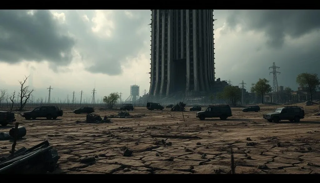 A post-apocalyptic landscape dominated by a towering, crumbling skyscraper, its once-gleaming facade now weathered and decaying. The foreground is littered with debris and abandoned vehicles, casting long shadows under a gloomy, overcast sky. In the middle ground, a desolate, barren expanse of cracked earth and stunted, withered vegetation struggle for survival. The background is shrouded in a hazy, dystopian atmosphere, hinting at the remnants of a once-thriving metropolis, now reduced to a haunting, abandoned ruin. The scene evokes a sense of desolation and a fragile, precarious existence in the aftermath of a catastrophic event.