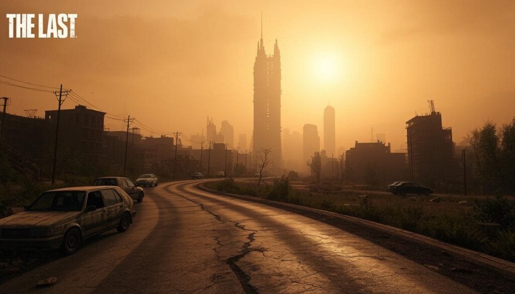 A post-apocalyptic landscape from The Last of Us, shrouded in a hazy, amber glow. In the foreground, a weathered and cracked road winds through the ruined cityscape, flanked by dilapidated buildings and overgrown vegetation. Abandoned cars and debris litter the scene, creating a sense of desolation. In the middle ground, a towering, crumbling skyscraper stands as a reminder of a bygone era. The sky is filled with a warm, dusky light, casting long shadows and adding to the somber atmosphere. The overall scene conveys a sense of decay, isolation, and the struggle for survival in a world ravaged by an unknown catastrophe.