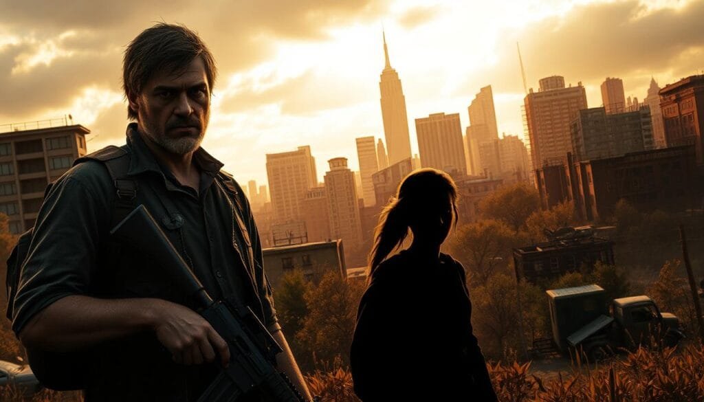 A post-apocalyptic urban landscape bathed in warm, golden light. In the foreground, a grizzled survivor, Joel, stands tall with a hardened expression, his grip tight on a rifle as he scans the horizon for any signs of danger. Behind him, the iconic skyline of a devastated Boston looms, its skyscrapers crumbling and overgrown with vegetation, a poignant symbol of the fall of civilization. In the middle ground, the silhouette of a young girl, Ellie, emerges from the shadows, her eyes filled with a mix of fear and determination, reflecting the weight of her journey alongside Joel. The scene conveys a sense of melancholy and resilience, capturing the essence of the iconic video game "The Last of Us."