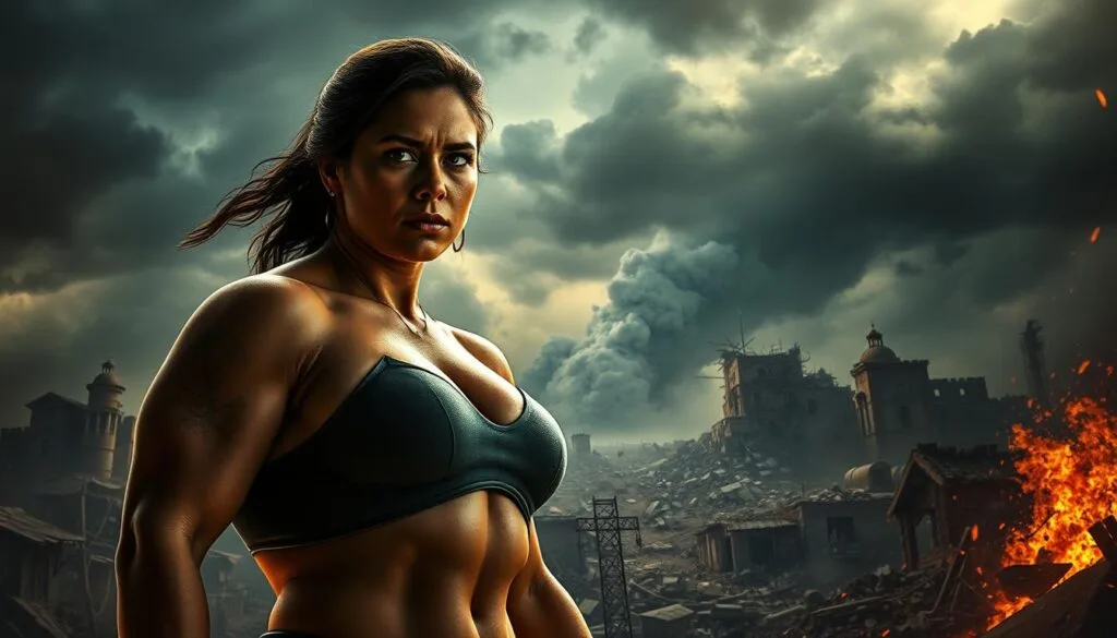 A powerful and awe-inspiring Luisa Madrigal stands tall, her muscular frame radiating strength and resilience. The lighting is dramatic, casting deep shadows that accentuate the intensity of her expression. She is depicted in the foreground, her gaze focused and unwavering. The middle ground features a tumultuous landscape, with crumbling buildings and swirling debris, hinting at the immense challenges she faces. In the background, a stormy sky looms, adding to the sense of urgency and peril. The overall atmosphere is one of raw, uncompromising power, capturing the essence of Luisa's role as the family's dependable backbone in times of crisis. A powerful and awe-inspiring Luisa Madrigal stands tall, her muscular frame radiating strength and resilience. The lighting is dramatic, casting deep shadows that accentuate the intensity of her expression. She is depicted in the foreground, her gaze focused and unwavering. The middle ground features a tumultuous landscape, with crumbling buildings and swirling debris, hinting at the immense challenges she faces. In the background, a stormy sky looms, adding to the sense of urgency and peril. The overall atmosphere is one of raw, uncompromising power, capturing the essence of Luisa's role as the family's dependable backbone in times of crisis.