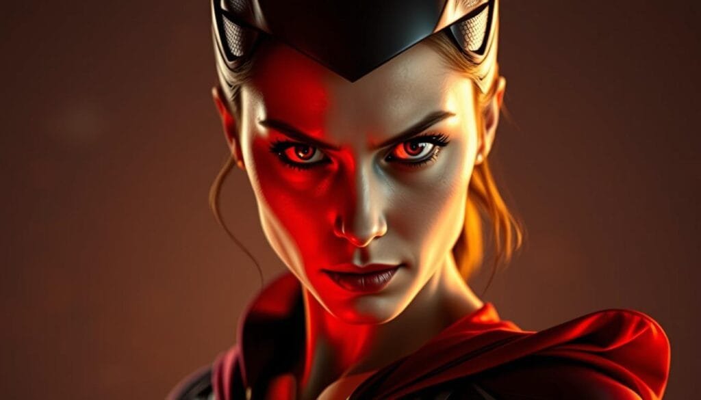 A powerful and captivating portrait of Scarlet Witch, her face illuminated by a warm, cinematic lighting that casts dramatic shadows. Her gaze is intense, filled with a range of emotions - from fierce determination to a hint of melancholy. The background is muted, allowing the viewer to focus on the intricacies of her expression. Her costume is rendered in exquisite detail, the crimson fabric flowing with a sense of movement. The composition is carefully balanced, drawing the eye to the central figure. This image captures the complexity and depth of Scarlet Witch's character, reflecting the diverse emotional states she experiences.