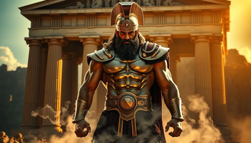 A powerful and iconic Greek god of war, Ares, stands tall and imposing, his muscular physique adorned in gleaming bronze armor. Intense, fiery eyes pierce the viewer, exuding an aura of unbridled ferocity. In the background, a majestic temple of the ancient Greek pantheon looms, its columns and ornate architecture casting dramatic shadows. The scene is illuminated by a warm, golden light, creating a sense of grandeur and divinity. Wisps of smoke or mist swirl around the god's feet, adding an otherworldly, mystical quality to the composition. The overall atmosphere conveys the might, strength, and uncompromising nature of the Greek God of War.