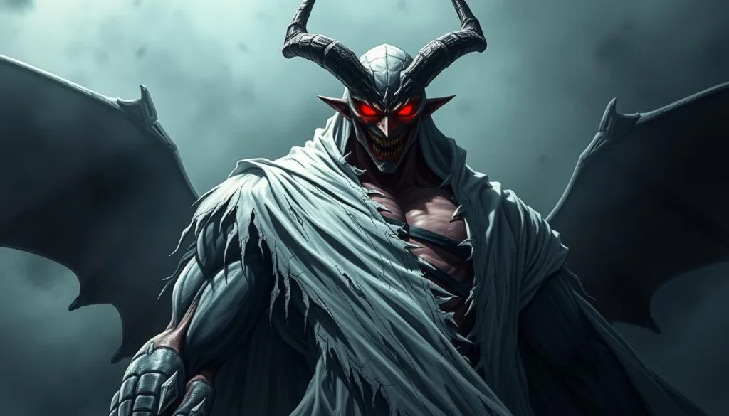 A powerful, demonic figure stands tall, its eyes glowing with crimson intensity. Ichigo Kurosaki's Vasto Lorde transformation is captured in stunning detail, his muscular form draped in a tattered, bone-white cloak that billows in an unseen wind. Razor-sharp horns crown his head, and a fearsome mask partially obscures his face, revealing only a feral, predatory gaze. The background is shrouded in an eerie, otherworldly mist, creating an atmosphere of dread and foreboding. The lighting is dramatic, casting deep shadows and highlights that accentuate the sharpness of Ichigo's features and the raw, primal energy he emanates. This is a striking and captivating representation of the character's most powerful and terrifying form.