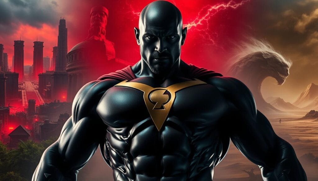 A powerful, enigmatic figure dominates the scene, Black Adam, his imposing presence commanding attention. The background shifts, transporting him to an array of alternate realms - a dystopian cityscape bathed in an eerie crimson glow, a lush jungle teeming with ancient ruins, and a barren, otherworldly landscape of swirling storms and shifting sands. The lighting is dramatic, casting bold shadows and highlights that accentuate Black Adam's chiseled features and rippling muscles. The camera angles shift, capturing him from low, heroic perspectives, or from above, emphasizing his dominance. The mood is one of raw power, danger, and the weight of destiny. This is Black Adam, a force of nature, unleashed in worlds beyond our own.