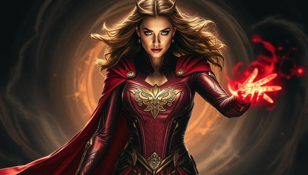 A powerful, mysterious woman with crimson energy emanating from her fingertips, Scarlet Witch stands tall and confident, her long scarlet cape billowing in a gust of wind. Dramatic lighting illuminates the intricate details of her ornate costume, from the golden sigil emblazoned on her chest to the delicate filigree patterns along her arms. Her eyes glow with an otherworldly intensity, reflecting the boundless potential of her reality-altering abilities. The background is a swirling vortex of arcane energy, hinting at the chaos and cosmic forces she commands. Captured in a cinematic, high-contrast style, this image conveys the sheer power and enigmatic nature of Scarlet Witch, the Avenger whose mastery of the mystic arts knows no limits.