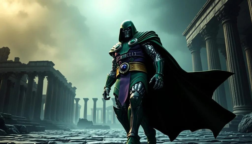 A powerful, ominous figure stands tall, his iconic green and purple armor glinting in the light. Doctor Doom, the infamous dictator, emerges from the mists of time, his presence commanding attention. In the foreground, he strides purposefully, cape billowing dramatically. The middle ground reveals a backdrop of ancient ruins, crumbling columns, and a somber, monochromatic palette, suggesting a bygone era. The background is shrouded in a hazy, mysterious atmosphere, evoking a sense of the otherworldly. Dramatic low-angle lighting casts dramatic shadows, heightening the sense of power and authority. The overall mood is one of foreboding, as if the viewer is witnessing a pivotal moment in history, with Doom's ominous presence looming large.