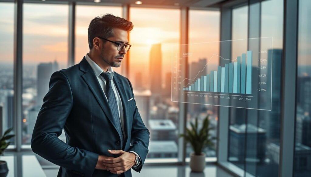 A professional business executive standing confidently in a modern, well-lit office, gazing thoughtfully at a holographic display showing metrics and graphs indicating positive performance trends. The executive's attire is polished and tailored, conveying a sense of authority and expertise. The office environment is sleek and sophisticated, with minimalist decor and large windows offering a panoramic view of a dynamic cityscape in the background. The overall mood is one of optimism, control, and a keen focus on continually improving outcomes.