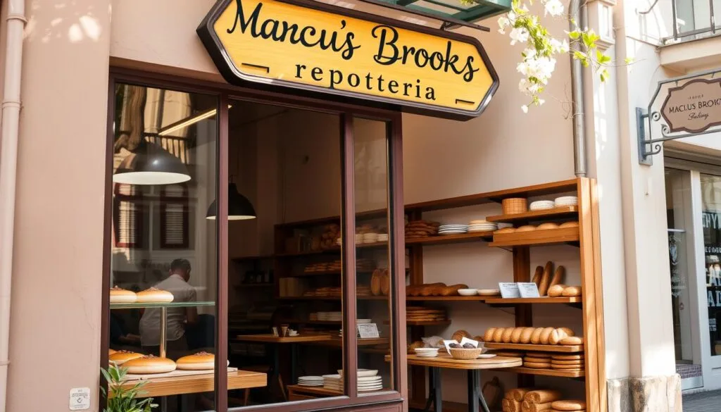 A quaint, cozy bakery called "Marcus Brooks repostería" sits nestled on a charming street in a bustling city. The storefront is adorned with a warm, inviting sign and large windows showcasing an array of freshly baked pastries. Through the glass, customers can glimpse the skilled hands of the bakers at work, kneading dough and decorating delicate confections. The interior is filled with the intoxicating aroma of freshly brewed coffee and the gentle hum of conversation. Wooden shelves line the walls, displaying an enticing selection of breads, cakes, and other baked goods. Sunlight streams in through the windows, casting a golden glow and highlighting the rich, textures of the artisanal treats. The overall atmosphere exudes a sense of comfort, quality, and community, inviting passersby to step inside and indulge in the pleasures of Marcus Brooks repostería.