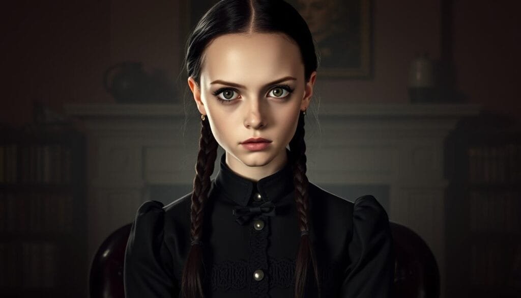 A realistic portrait of Wednesday Addams from the Netflix series Wednesday, sitting in a dimly lit room, gazing intently with her piercing, dark eyes. Her pale, porcelain skin is accentuated by the dramatic lighting, casting shadows that give her a haunting, otherworldly appearance. She wears a black, high-collared dress with intricate lace detailing, her dark hair styled in her signature braids. The background is a muted, vintage-inspired setting, with bookshelves and a ornate fireplace, creating a sense of old-world elegance and mystery. The overall mood is somber, captivating, and true to the character's gothic aesthetic.
