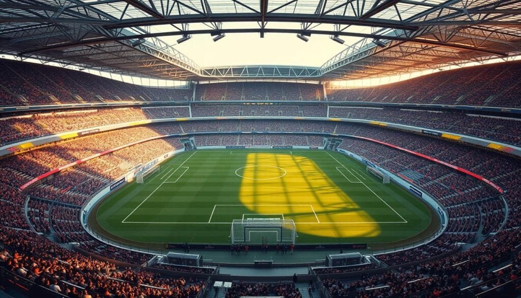 A realistic soccer stadium in the FIFA style, with detailed and vibrant architectural elements. The scene depicts a full-size football pitch surrounded by a sprawling multi-tiered stadium with sleek, modern design. The pitch is illuminated by warm, natural lighting filtering through the stadium's glass and steel roof structure. Spectators can be seen in the stands, creating an atmosphere of energy and anticipation. The camera angle captures the field and stands from a mid-level perspective, showcasing the stadium's impressive scale and immersive feel. The overall tone is one of high-fidelity realism blended with the distinctive visual language of the FIFA video game franchise. A realistic soccer stadium in the FIFA style, with detailed and vibrant architectural elements. The scene depicts a full-size football pitch surrounded by a sprawling multi-tiered stadium with sleek, modern design. The pitch is illuminated by warm, natural lighting filtering through the stadium's glass and steel roof structure. Spectators can be seen in the stands, creating an atmosphere of energy and anticipation. The camera angle captures the field and stands from a mid-level perspective, showcasing the stadium's impressive scale and immersive feel. The overall tone is one of high-fidelity realism blended with the distinctive visual language of the FIFA video game franchise.