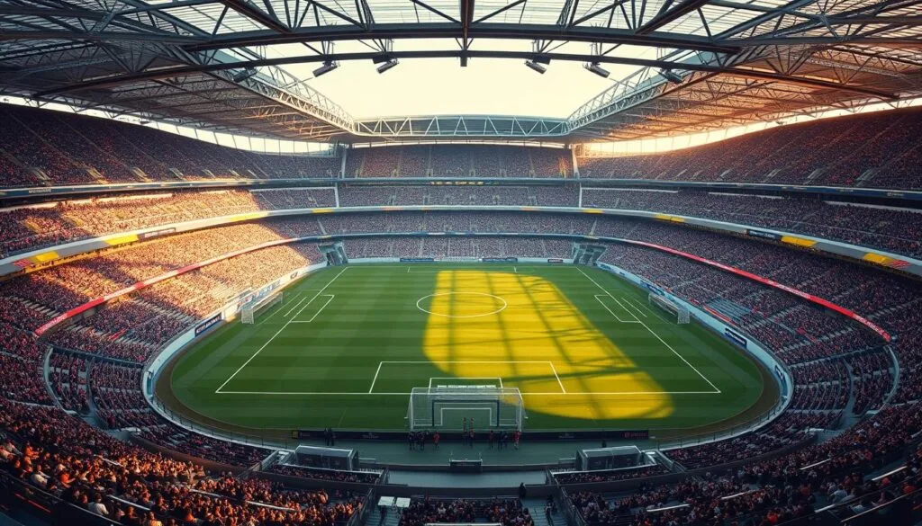 A realistic soccer stadium in the FIFA style, with detailed and vibrant architectural elements. The scene depicts a full-size football pitch surrounded by a sprawling multi-tiered stadium with sleek, modern design. The pitch is illuminated by warm, natural lighting filtering through the stadium's glass and steel roof structure. Spectators can be seen in the stands, creating an atmosphere of energy and anticipation. The camera angle captures the field and stands from a mid-level perspective, showcasing the stadium's impressive scale and immersive feel. The overall tone is one of high-fidelity realism blended with the distinctive visual language of the FIFA video game franchise.
