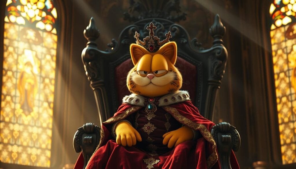 A regal Garfield in an elaborate Renaissance-era costume, complete with a plush velvet cape, ornate gold embroidery, and a jewel-encrusted crown, sits upon a grand throne in an ornate, dimly lit throne room. Rays of warm, dramatic lighting filter through stained glass windows, casting a rich, atmospheric glow. In the background, a majestic, tapestry-adorned wall sets the scene, conveying a sense of grandeur and historical significance. Garfield's confident, mischievous expression suggests a feline ruler of a bygone era, brimming with feline charisma and cunning.