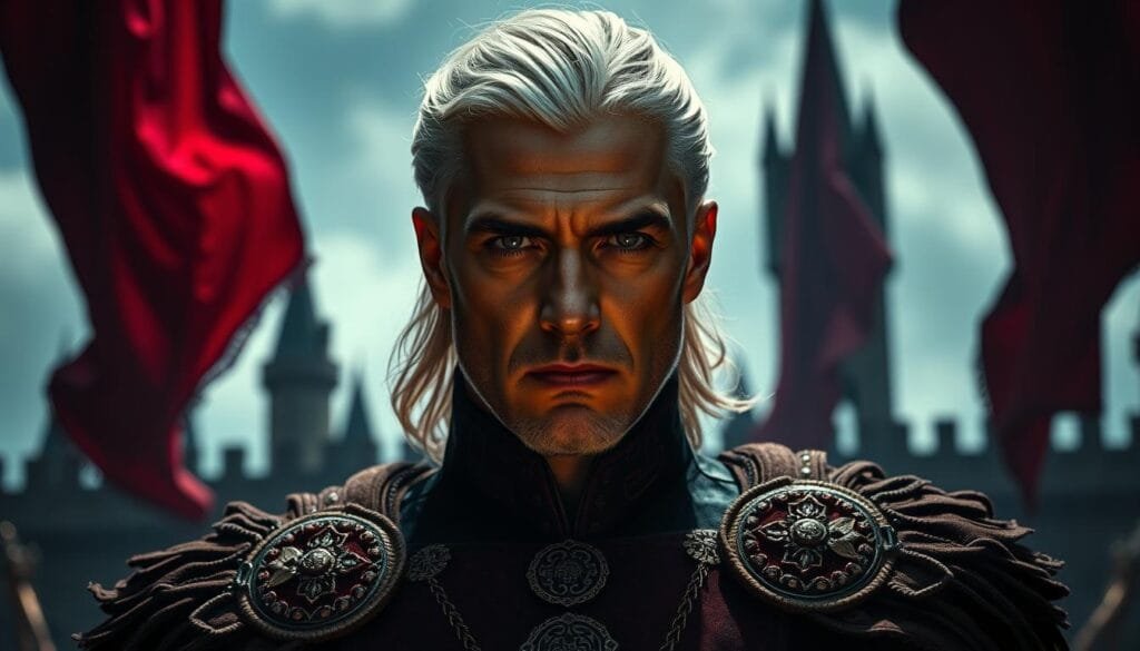 A regal portrait of a Targaryen nobleman, set against a backdrop of towering castle spires and billowing crimson banners. The subject's features are sharp and aristocratic, with piercing eyes and a stern expression that conveys an air of power and command. Their attire is a tapestry of deep scarlet and black, adorned with intricate embroidery and gleaming metalwork that hints at their high status. Dramatic lighting casts dramatic shadows, accentuating the subject's chiseled features and the opulent trappings of their station. The overall atmosphere is one of ancient grandeur, a commanding presence that evokes the proud legacy of House Targaryen.