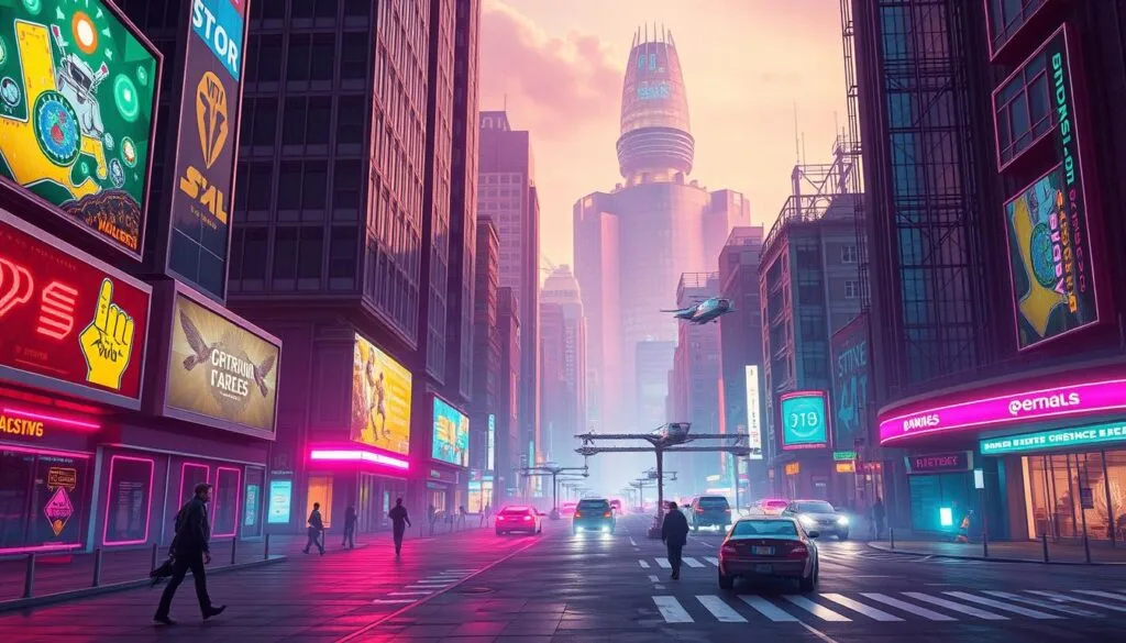 A retro-futuristic cityscape bathed in vibrant neon hues, where sleek skyscrapers and hover cars coexist with vintage-inspired architecture. In the foreground, a lone figure in a 1980s-inspired outfit strolls along a sidewalk lined with holographic billboards and glowing data screens. The middle ground features a bustling intersection, with flying vehicles and android pedestrians weaving through the futuristic landscape. In the background, a towering dome-shaped structure dominates the skyline, its metallic surface reflecting the colorful lighting. The scene is illuminated by a warm, diffused glow, creating a dreamlike, nostalgic atmosphere that blends the past and the future.