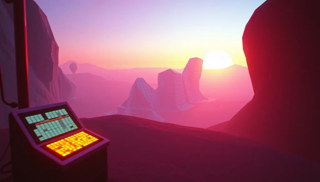 A retro-futuristic landscape, reminiscent of the 1980s aesthetic from the Black Mirror episode "Bandersnatch". In the foreground, a futuristic-looking console or computer terminal, its glowing lights and pixelated display casting a warm, neon glow across the scene. The middle ground features a distorted, low-poly 3D environment, with abstract shapes and forms in shades of blue, purple, and green, evoking a sense of disorientation and alternate realities. The background is a hazy, dreamlike skyline, with a vibrant sunset or sunrise illuminating the scene, creating a sense of melancholy and nostalgia. The lighting is soft and diffuse, with a slight film grain effect, adding to the retro aesthetic. The overall mood is one of contemplation and the exploration of parallel universes.