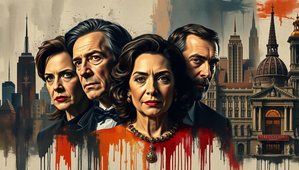 A richly detailed, cinematic image of different artistic styles inspired by the TV series Succession. In the foreground, a stylized portrait of the Roy family in an impressionistic, paint-like aesthetic, their expressions conveying the drama and complexity of the show. In the middle ground, abstract brushstrokes and dripping textures suggest the moody, chiaroscuro lighting of Succession's cinematography. In the background, a collage of iconic architectural elements from the series' settings - towering skyscrapers, grand mansions, and lavish corporate offices - rendered in an expressionistic, almost cubist manner. The overall atmosphere is one of opulence, power, and the interplay of different artistic visions, mirroring the themes of the acclaimed TV series.