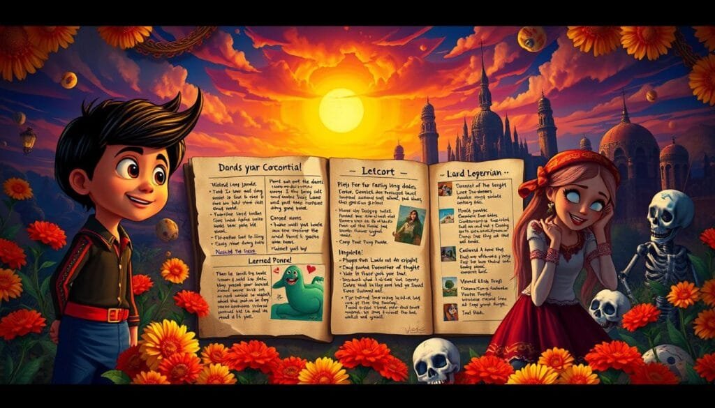 A richly detailed illustration of "Prompts para Coco con IA" in the style of a vibrant, hand-painted mural. In the foreground, a warm, inviting scene featuring the iconic characters from the Pixar film Coco - Miguel, Héctor, and Imelda - surrounded by colorful marigold flowers and skulls. In the middle ground, a collage of creative prompt ideas and AI-generated imagery, depicted as weathered pages from a journal. In the background, a sweeping panorama of the Land of the Dead, with its towering, fantastical architecture and a vibrant, glowing sky. The overall mood is one of celebration, inspiration, and the power of imagination. Rendered with a lush, painterly aesthetic and dramatic, cinematic lighting.