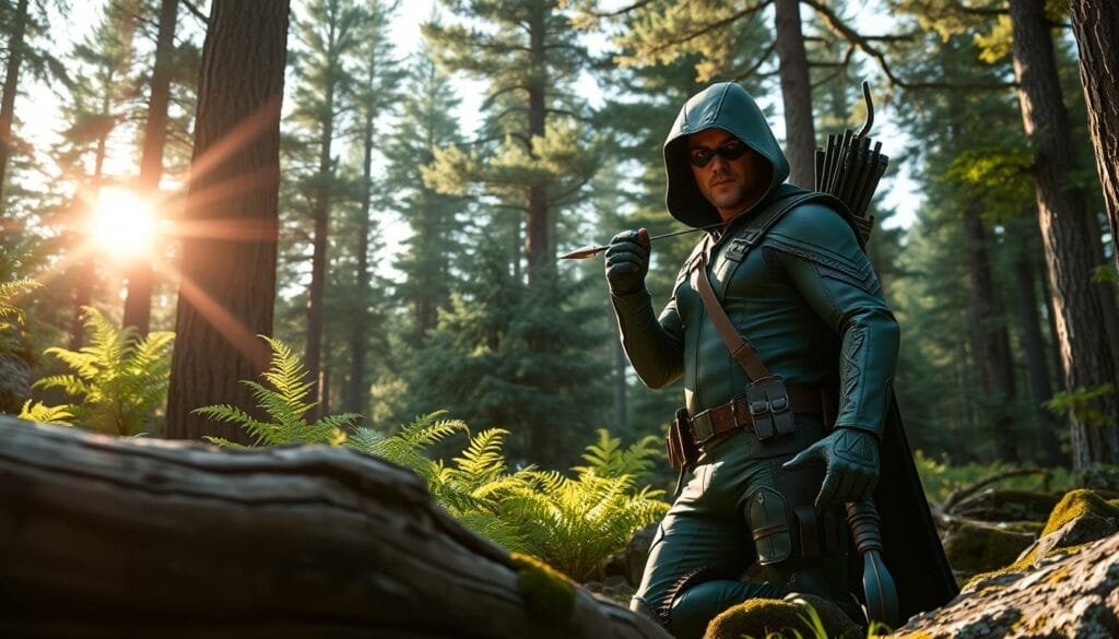 A rugged Green Arrow, clad in his iconic green leather suit, stands tall in a lush, verdant forest. Sunlight filters through the canopy, casting a warm glow on his determined expression as he nocks an arrow, ready to take down his target. In the foreground, a fallen tree trunk provides cover, while the middle ground is filled with a tangle of ferns and mossy rocks. In the background, towering pines and oaks create a sense of depth and natural grandeur. The scene exudes a feeling of outdoor adventure and the hero's unwavering commitment to justice, set against the backdrop of a serene, untamed wilderness.