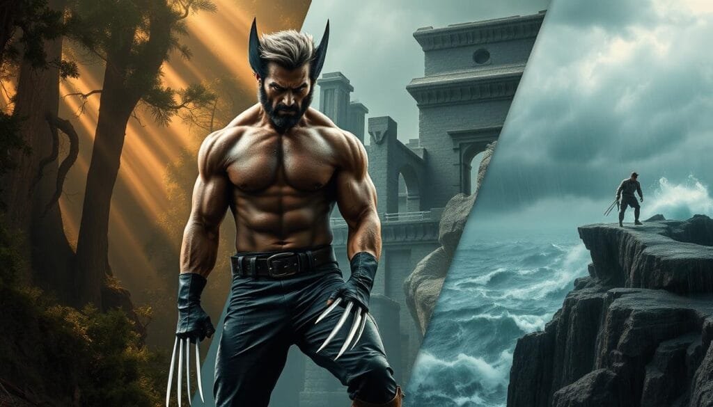 A rugged, muscular Wolverine stands tall in a series of dynamic, immersive environments. In a dense, primeval forest, his claws glint under shafts of golden light filtering through the canopy. Amidst crumbling, ancient ruins, he prowls with feral intensity. On a jagged, windswept cliffside, he surveys the wild, turbulent ocean below, rain lashing his weathered face. Each scene captures Wolverine's raw power and feral grace, his mutant abilities thriving in diverse, challenging settings. Cinematic lighting, detailed textures, and a sense of depth and scale draw the viewer into Wolverine's world, showcasing the character's adaptability and unrelenting spirit.