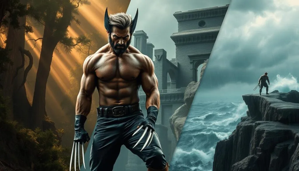 A rugged, muscular Wolverine stands tall in a series of dynamic, immersive environments. In a dense, primeval forest, his claws glint under shafts of golden light filtering through the canopy. Amidst crumbling, ancient ruins, he prowls with feral intensity. On a jagged, windswept cliffside, he surveys the wild, turbulent ocean below, rain lashing his weathered face. Each scene captures Wolverine's raw power and feral grace, his mutant abilities thriving in diverse, challenging settings. Cinematic lighting, detailed textures, and a sense of depth and scale draw the viewer into Wolverine's world, showcasing the character's adaptability and unrelenting spirit.