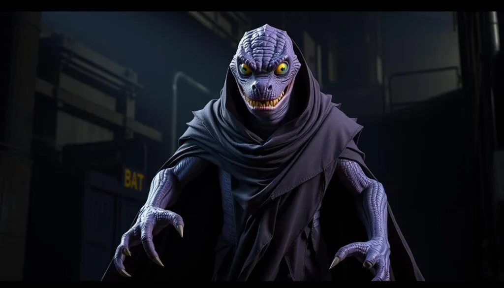 A scaly, violet-hued reptilian creature with glowing yellow eyes, Randall Boggs stands tall and menacing, his sinewy limbs poised to strike. Draped in a tattered, dark cloak that billows around him, he blends seamlessly into the shadowy, industrial backdrop of the Monsters, Inc. factory. Harsh, directional lighting casts dramatic shadows, emphasizing his sharp features and predatory stance, as he prepares to ambush his unsuspecting prey. The atmosphere is tense and foreboding, hinting at the malevolent schemes this cunning villain has in store.