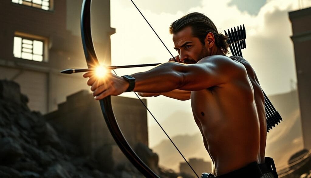 A seasoned archer, Hawkeye, stands poised, bow drawn, arrow nocked, and eyes fixed on his target. Sunlight glints off the sleek metal of his bow, creating a dynamic, high-contrast scene. The archer's lithe, muscular form is captured in a dramatic, action-oriented pose, conveying a sense of power and precision. In the background, a rugged, urban landscape provides a gritty, industrial setting, heightening the intensity of the moment. Shadows and highlights interplay, creating a cinematic, chiaroscuro effect that emphasizes the archer's focused determination. The overall atmosphere is one of tense anticipation, as Hawkeye prepares to unleash his deadly aim.