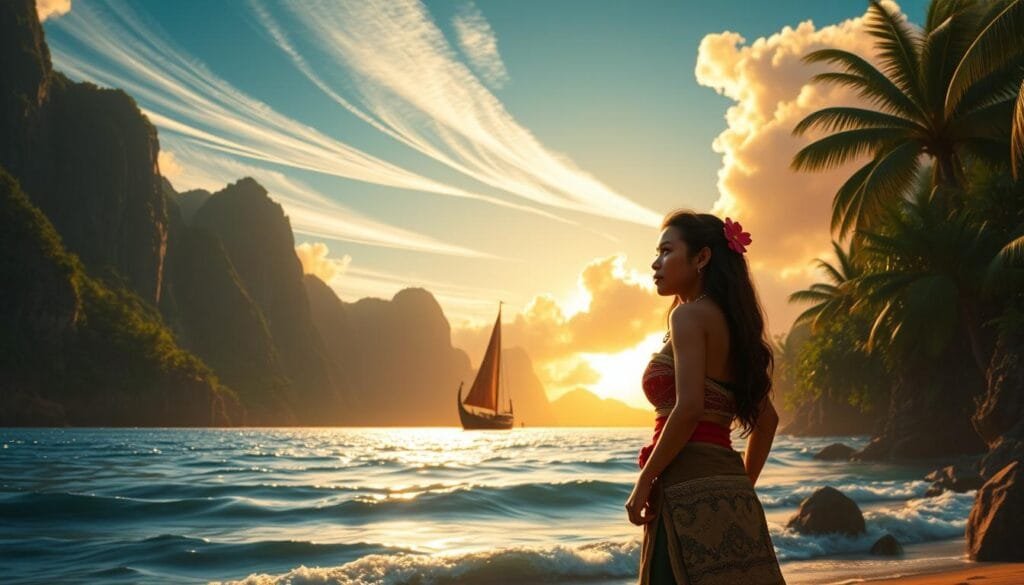 A serene Polynesian paradise, with towering cliffs and lush tropical foliage lining a tranquil bay. In the foreground, a young woman in traditional Moana attire stands resolute, her eyes fixed on the horizon, the ocean's waves gently lapping at her feet. Overhead, wispy clouds drift across a golden sky, illuminated by the warm glow of the setting sun. In the middle distance, a traditional voyaging canoe glides across the shimmering water, its sail billowing in the breeze. The scene conveys a sense of adventure, discovery, and the powerful connection between the protagonist and her natural surroundings. A serene Polynesian paradise, with towering cliffs and lush tropical foliage lining a tranquil bay. In the foreground, a young woman in traditional Moana attire stands resolute, her eyes fixed on the horizon, the ocean's waves gently lapping at her feet. Overhead, wispy clouds drift across a golden sky, illuminated by the warm glow of the setting sun. In the middle distance, a traditional voyaging canoe glides across the shimmering water, its sail billowing in the breeze. The scene conveys a sense of adventure, discovery, and the powerful connection between the protagonist and her natural surroundings.
