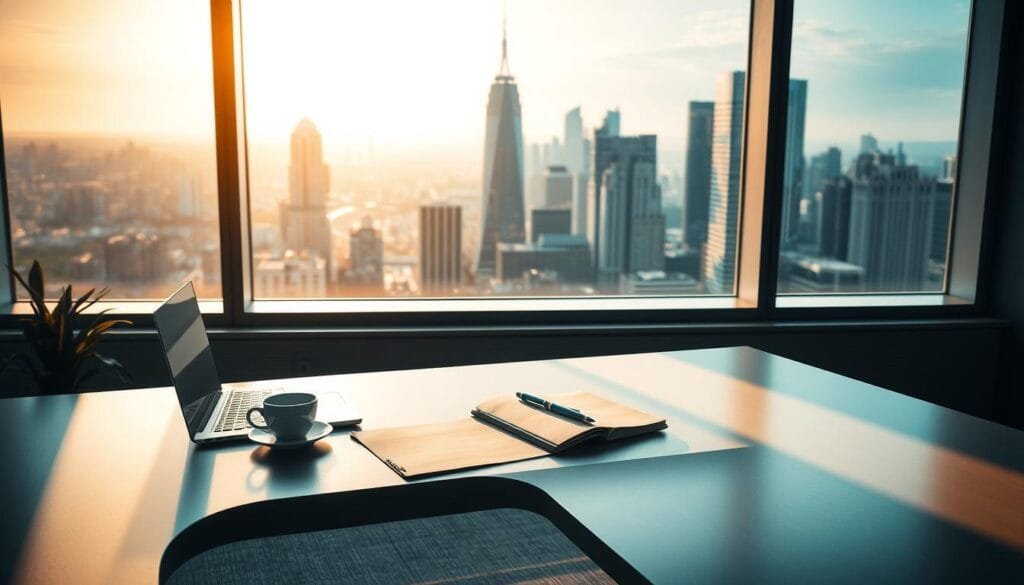 A serene and contemplative office space, with a large window overlooking a bustling city skyline. On a sleek, minimalist desk, a laptop and notebook sit alongside a cup of coffee, inviting the viewer to imagine the process of refining and optimizing image prompts. Warm, directional lighting filters through the window, casting subtle shadows and highlights that accentuate the textures of the materials. The room has a calming, focused atmosphere, conveying the thoughtful and meticulous nature of prompt engineering. The overall composition and styling suggest a professional, creative environment dedicated to the pursuit of realistic and visually stunning image generation.