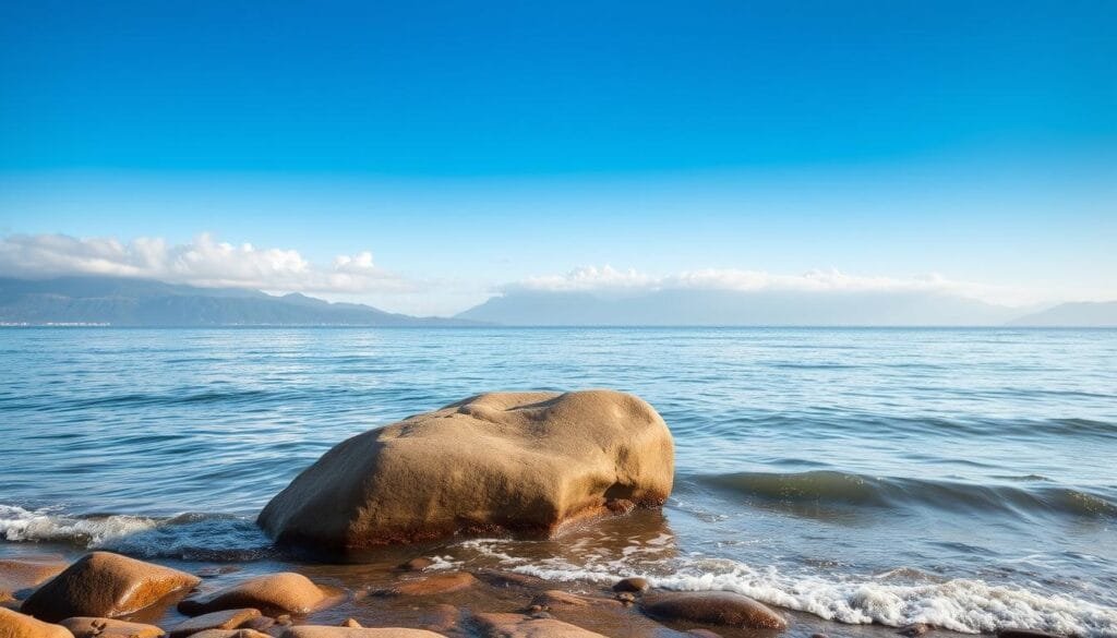 A serene and tranquil seascape, with gentle waves lapping against a rocky shoreline. In the foreground, a large, smooth boulder sits partially submerged, its surface glistening with water droplets. The middle ground features a panoramic view of the open ocean, with soft, hazy clouds drifting across a vibrant blue sky. In the distance, the silhouettes of tall, majestic mountains rise up, their peaks shrouded in mist. The lighting is soft and diffused, creating a calming, atmospheric ambiance. The overall scene conveys a sense of peaceful solitude and natural harmony.