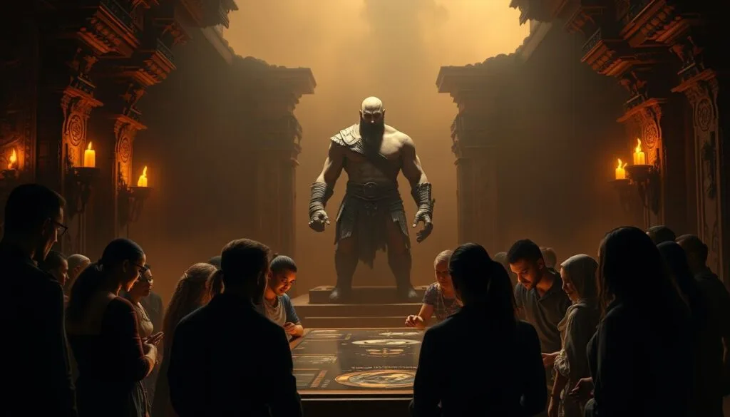 A serene, dimly lit temple interior, with intricate stone carvings and flickering torchlight. In the foreground, a group of dedicated God of War fans gather around a central display, reverently sharing and discussing their latest digital creations. Shadows dance across their faces, reflecting the intensity of their creative passion. In the middle ground, a massive statue of the iconic Kratos stands guard, his stern gaze overlooking the scene. The background is hazy, suggesting an atmosphere of contemplation and artistic inspiration. Warm, amber tones permeate the space, creating a sense of ancient mystique and reverence for the beloved franchise.