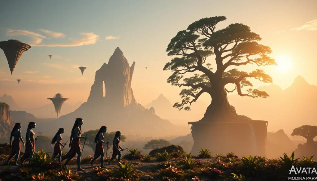 A serene, ethereal landscape of the world of Avatar, with its floating islands, bioluminescent flora, and majestic waterfalls. In the foreground, a group of Na'vi figures engaged in common mistakes when crafting prompts, such as oversaturated colors, disproportionate anatomy, and clumsy poses. In the middle ground, a towering, mystical tree serves as a reminder of the rich cultural and natural elements to capture. The background showcases the iconic floating mountains, bathed in a warm, golden glow from the setting sun, creating a dreamlike atmosphere. Soft, diffused lighting and a cinematic, widescreen aspect ratio enhance the sense of scale and grandeur.