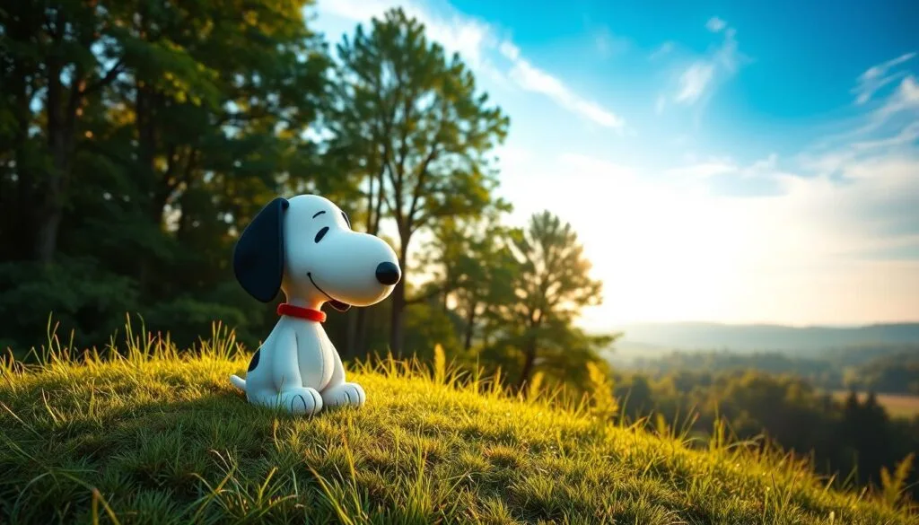 A serene natural landscape with Snoopy, the beloved Peanuts character, as the focal point. Snoopy sits contentedly on a grassy knoll, surrounded by lush greenery and a tranquil forest in the distance. Soft, diffused sunlight filters through the canopy of trees, casting a warm, golden glow on the scene. The sky is a brilliant blue, with wispy clouds drifting overhead. Snoopy's iconic white fur and black ears stand out against the verdant backdrop, creating a charming and whimsical composition. The overall mood is one of peaceful solitude, inviting the viewer to join Snoopy in this idyllic natural setting.