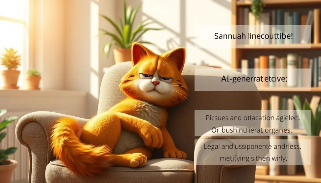 A serene, sun-dappled scene of Garfield the cat lounging on a cozy armchair, surrounded by a tasteful collection of legal and ethical prompts for AI-generated artwork. The feline's orange fur gleams in the soft, diffused lighting, while the background features a neatly organized bookshelf, potted plants, and a warm, inviting ambiance. The overall composition conveys a sense of thoughtful contemplation, with Garfield's expression evoking a wise, considered understanding of the responsible use of AI in creative pursuits.