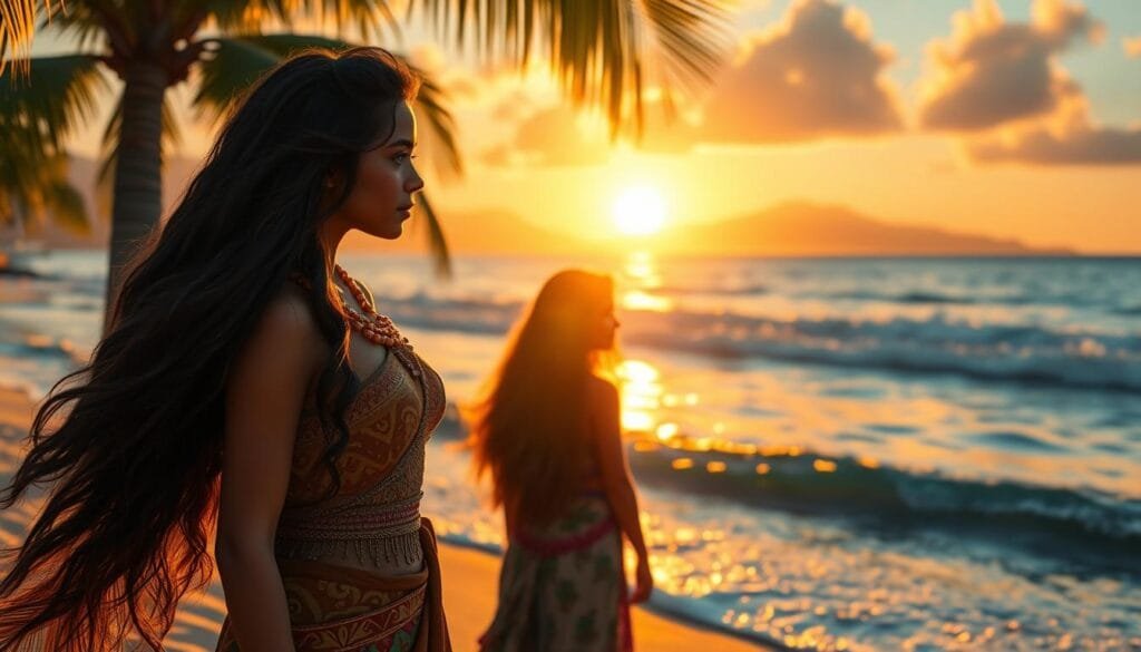 A serene tropical beach at sunset, with gently lapping waves and swaying palm trees in the background. In the foreground, a young woman with long, flowing hair stands contemplatively, facing the ocean. She is dressed in a traditional Polynesian outfit, with intricate patterns and vibrant colors. The lighting is warm and golden, casting a soft glow over the scene. The overall mood is one of tranquility and introspection, reflecting the common mistakes encountered when crafting prompts for Moana-inspired images. A serene tropical beach at sunset, with gently lapping waves and swaying palm trees in the background. In the foreground, a young woman with long, flowing hair stands contemplatively, facing the ocean. She is dressed in a traditional Polynesian outfit, with intricate patterns and vibrant colors. The lighting is warm and golden, casting a soft glow over the scene. The overall mood is one of tranquility and introspection, reflecting the common mistakes encountered when crafting prompts for Moana-inspired images.